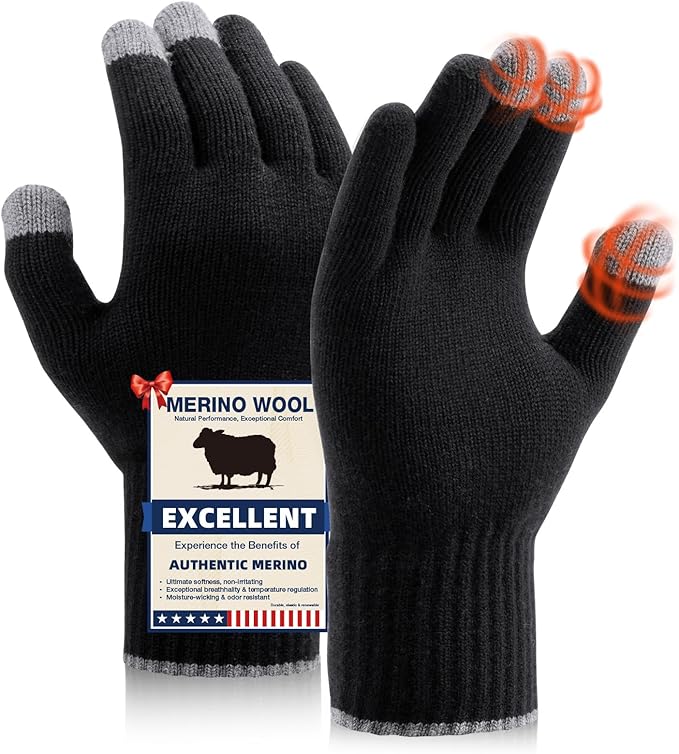 Merino Wool Gloves for Men Women, Touch Screen Warm Glove Liners Thermal Soft Knit Lining for Winter Running Hiking