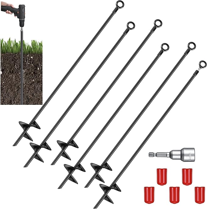 Lasnten 30 Inch Heavy Duty Ground Anchor Spiral Blade Earth Anchor Kit Metal Anchor Hook Beach Sand Stakes Camping for Securing Animals, Shelters, Tents, Canopies(Black,6 Pcs)