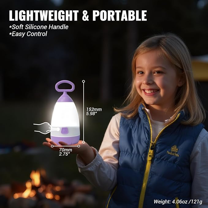 Kids Camping Lantern & Night Light Battery Powered, 360° Eye-Safe Light (AAA Included), IPX4 with RGB Modes Portable for Outdoor, Emergency , Gift for Children (Purple+Blue 2 Pack)