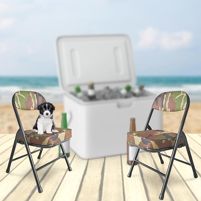 Mini Padded Folding Chairs, Garage Stool, Portable Camping Chair with Cushion, Lightweight Lawn Chair, for Outdoor Sports Events, Patio, Fishing, Hiking, Hunting, Picnic, Beach (Camo Green)