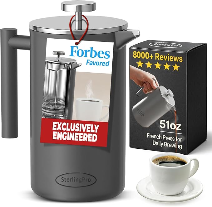 SterlingPro Stainless Steel French Press Coffee Maker 1.5 L (51 oz) Grey – Double Walled Insulated Large Coffee Press, Durable Design Keeps Drinks Hot, Easy to Use and Clean for Rich Flavor Brewing