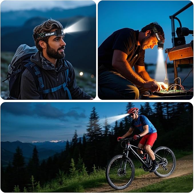 3 Pack Headlamp Rechargeable, 1200 Lumens LED Head Lamp with Red Light, Motion Sensor, 10 Modes, 60° Adjustable Head Lights for Forehead, IPX5 Waterproof Headlamps for Adults - Running,Camping,Hiking