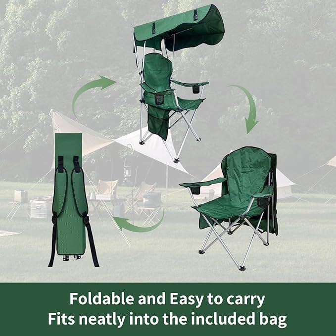 Portable Camping Chair with Canopy Shade- Folding Camping Lounge Chair with Cup Holder & Side Pocket for Outdoor Camping, Fishing, Beach - Support 330 LBS (GREEN-2PK)