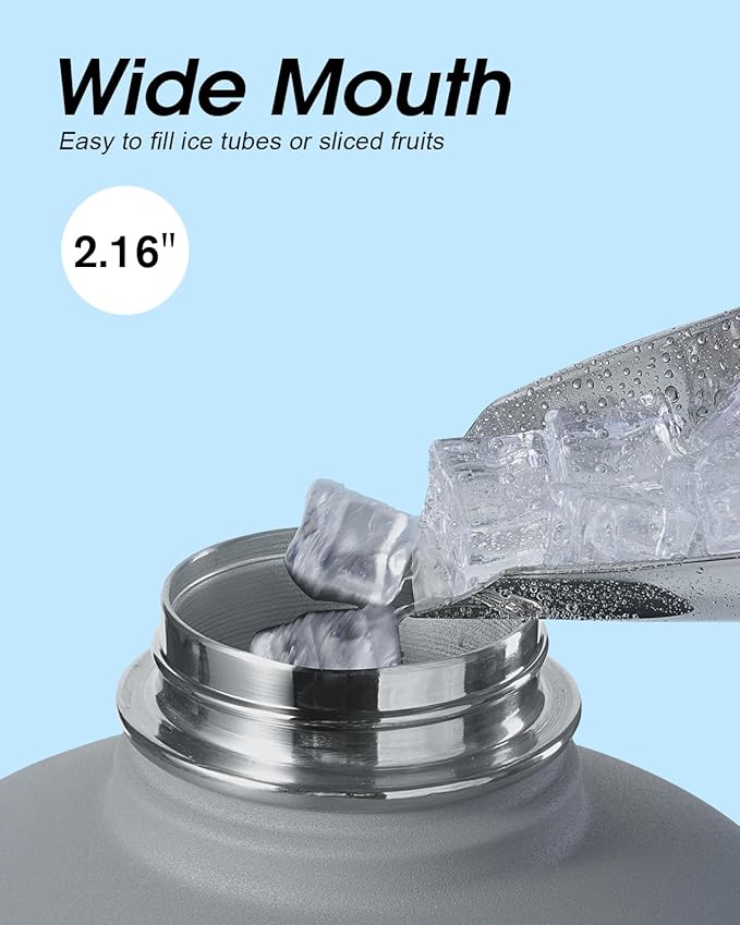 Coolflask 128 oz Gallon Water Bottle Insulated with Straw&3 Lids, Water Jug Large Stainless Steel Metal Vacuum Wide Mouth for Sports, Gym or Office, Non-BPA Keep Cold 48H Hot 24H, Dark Grey