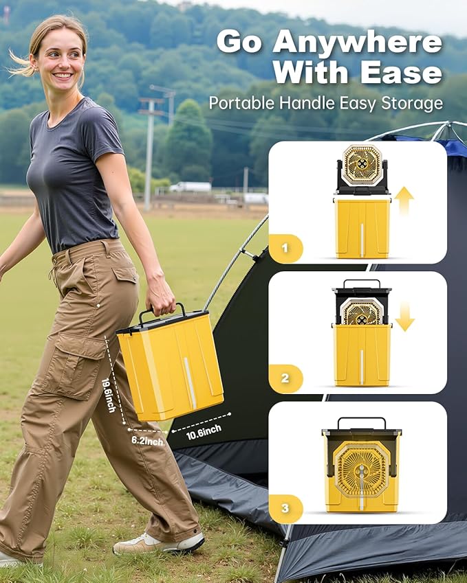 Portable Misting Fan, 24000mAh Rechargeable Outdoor Cooler, Battery Operated Personal Fan with3 Speeds & 8L Bucket for Patio, Camping,Hiking, Backyard, Travel, Desk,Pool, Beach, Yellow