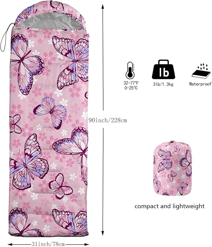 Sleeping Bags for Adults and Kids，3D Printing Camping Sleeping Bag for Girls Boys Lightweight Waterproof Cold/Warm 3-Season，Outdoor Travel with Compression Bags