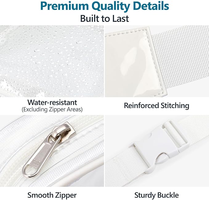 Veckle Clear Fanny Pack Stadium Approved - Plus Size 35-51 Inch Adjustable Strap Transparent Belt Bag for Women Fits 7.5" Smartphone, Clear Bag for Stadium Events Concerts, 2-Pack, 1 Black & 1 White