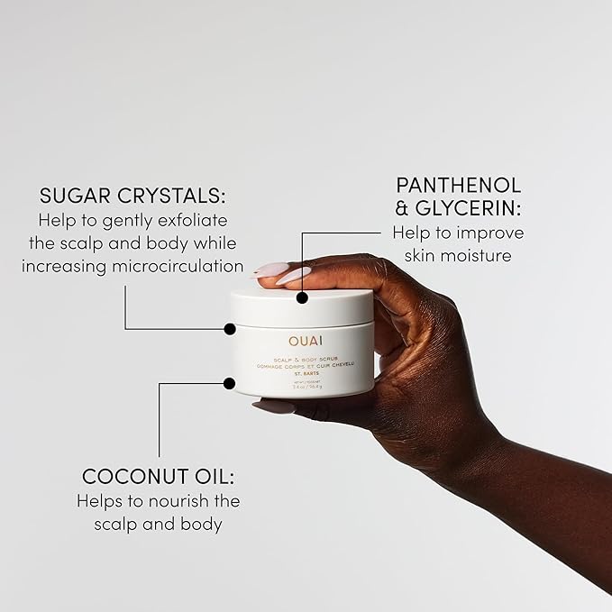 OUAI St. Barts Travel Bundle - Includes Travel Size Scalp & Body Scrub, Foaming Shower Gel, Hydrating Cream, and Hair & Body Mist (4 Count, 3.4 Oz/3.4 Oz/3 Oz/3.3 Oz)