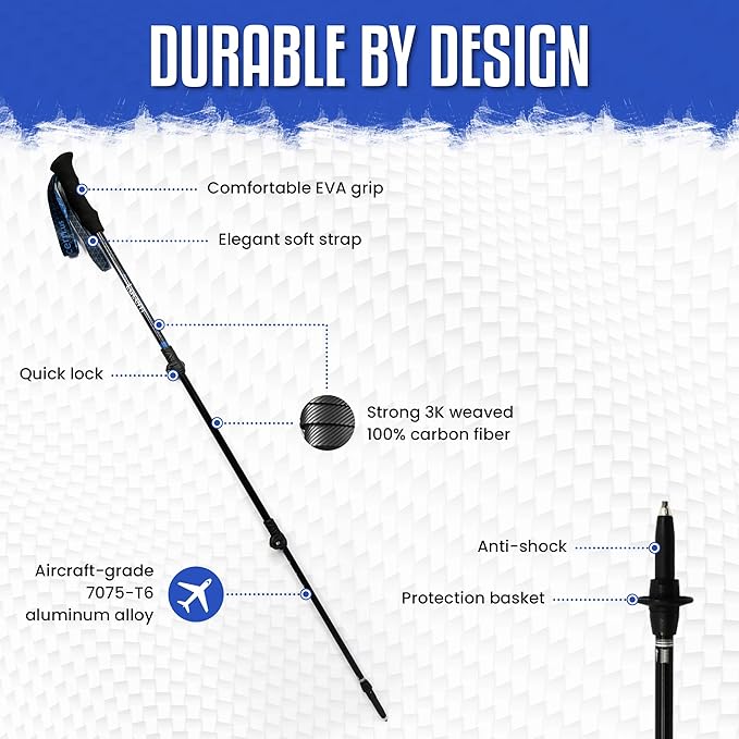 Lucern 5.7 oz Extreme Ultra Lightweight Anti-Shock Carbon Trekking Poles - Incredibly Durable, Supremely Comfortable, Optimally Safe, Fit Carry-on Luggage. Ideal for Backpacking, Long Hiking.