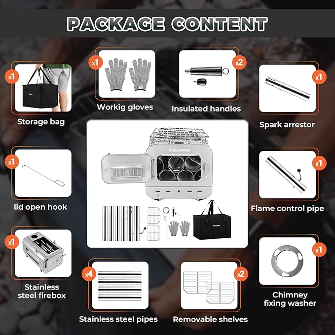 KingCamp Hot Tent Stove, Foldable Camping Stove with Large Firebox, 5.6ft Winter Camping Stove for Tent, Shelter, Cabin Heating, With Chimney Pipes, Heat Resistant Glass & Gloves for Outdoor