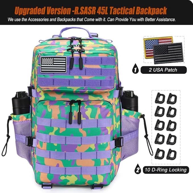 Military Tactical Backpack 45L Large Tactical Backpack for Men, Hiking Rucksack With Bottle Holder