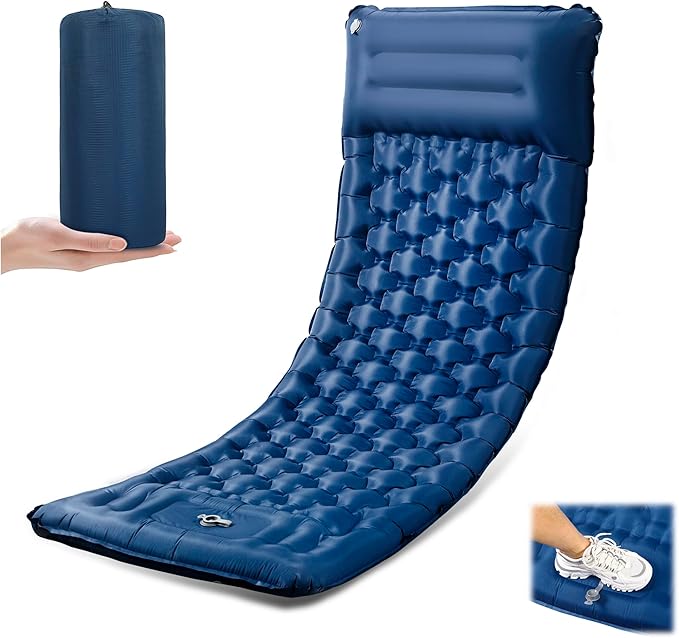 Sleeping Pad for Camping, Ultralight 4.7" Extra-Thick Inflatable Camping mat with Pillow Built-in Foot Pump, Compact Lightweight Air Mattress for Backpacking Hiking Car Travel Tent, Navy Blue