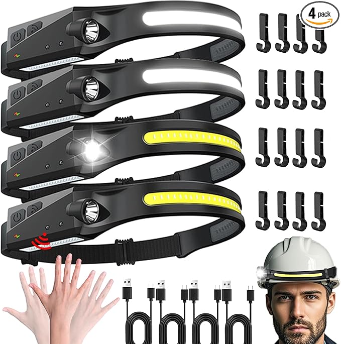Headlamps Rechargeable for Hard Hat 4 Packs, 230° Wide Beam Head Lamps Rechargeable Led for Adults, Forehead Headlight with Motion Sensor, Battery Headlamp with USB C, 5 Modes for Camping, Repairing