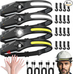 Headlamps Rechargeable for Hard Hat 4 Packs, 230° Wide Beam Head Lamps Rechargeable Led for Adults, Forehead Headlight with Motion Sensor, Battery Headlamp with USB C, 5 Modes for Camping, Repairing