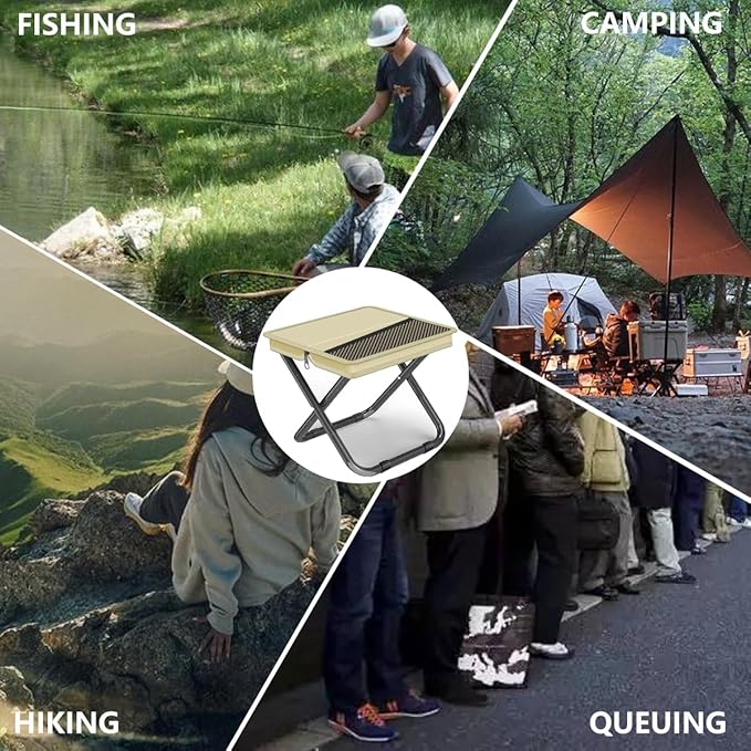 Portable Folding Stool-Handbag-Style Ultralight Camping Chair with Double Storage Pockets, 3Layer 600D Oxford Cloth, Heavy-Duty Carbon Steel Frame for Outdoor Fishing (Khaki, M)