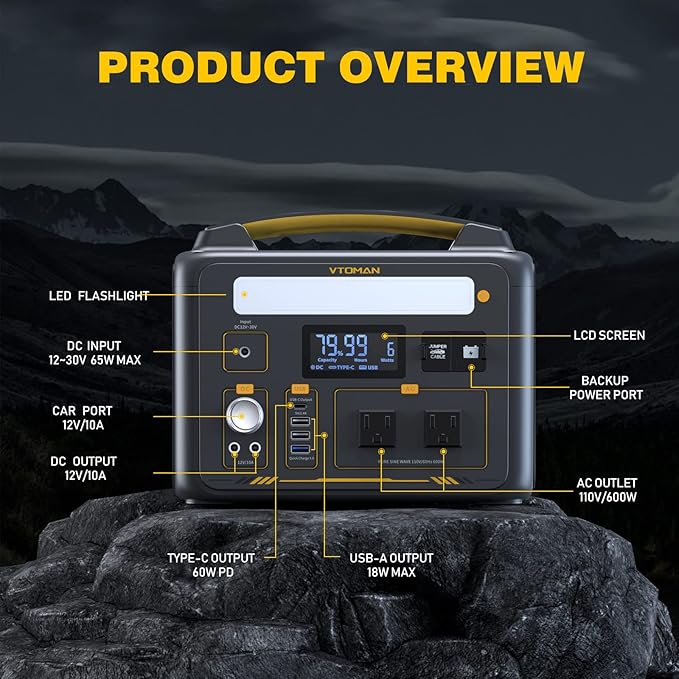 VTOMAN Jump 600X Solar Generator with 200W Solar Panel, 299Wh Portable Power Station with 2x 600W AC Outlets (Surge 1200W) for Outdoor Camping, Vehicle Emergency, Electric Backup