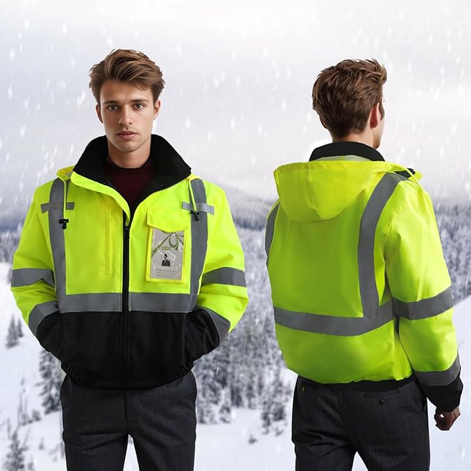 High Visibility Safety Jacket, Reflective Jacket with Pockets for Men& Women, Construction Coats for Winter Cold Weather, Waterproof High Vis Rain Gear, Class 3 Yellow-Black, M