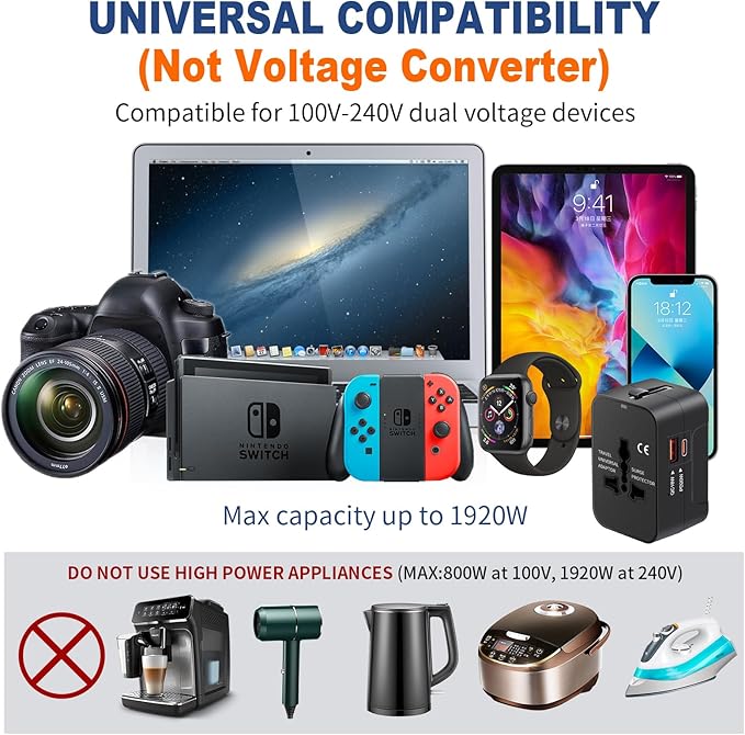 Travel Adapter USB C, Universal All in One Worldwide Travel Adapter Fast Charge GaN PD3.0 Type C USB-A Quick Charging Ports Power Converters Wall Charger AC Power Plug Adapter for USA EU UK AUS Black