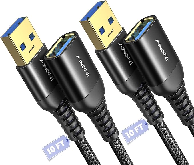 AINOPE 2 Pack USB Extensions Cable High Speed USB 3.0 Extension Cord Type A Male to Female Sturdy Braided Material Fast Data Transfer Compatible with USB Keyboard,Mouse,Flash Drive,Black,10FT+10FT