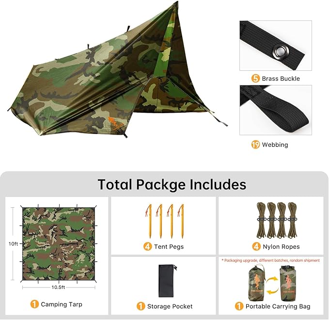 FREE SOLDIER Camping Tarp Waterproof Portable Multifunctional Outdoor Camping Traveling Awning Backpacking Shelter Rain Tarp (Camo 10×10.5ft)