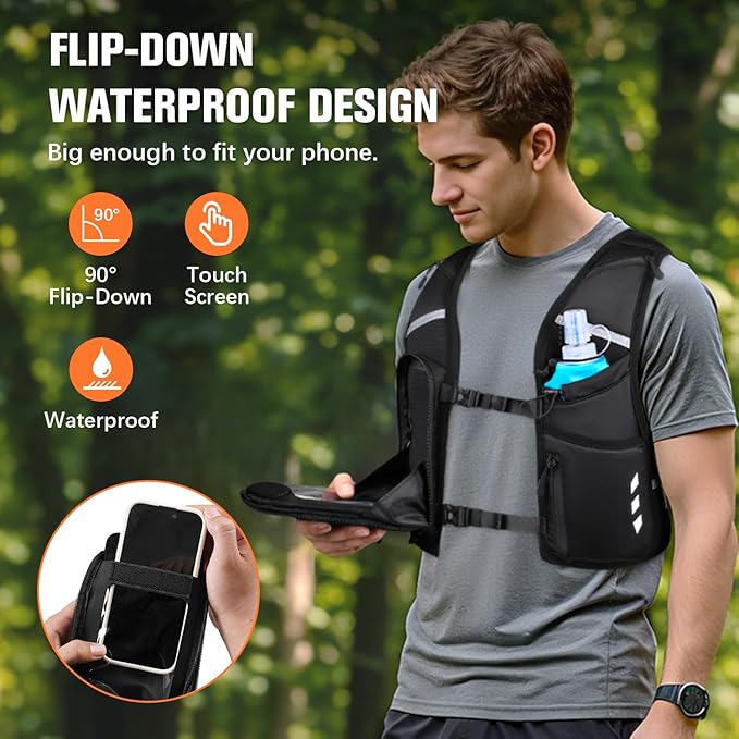 Running Vest for Women Men, Phone Pocket Running Hydration Vest with 500ML Soft Flask, Adjustable Chest Waist Straps, 10 Pockets Reflective Breathable Hydration Vest for Hiking, Biking, Marathon