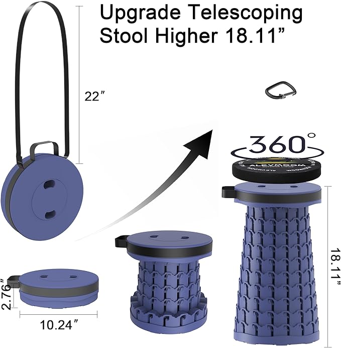 ALEVMOOM Upgraded Portable Collapsible Stool with Cushion, Telescoping Folding Stool for Adults, Lightweight Yet More Sturdy Capacity 600 lbs for Camping Fishing Hiking BBQ