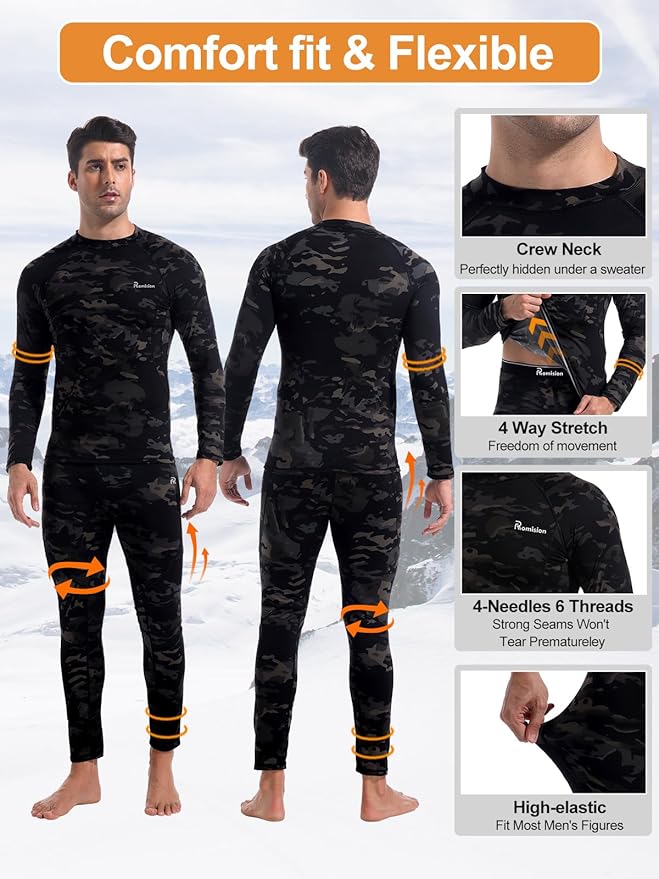 romision Thermal Underwear for Men Long Johns Fleece Lined Hunting Gear Bottom Top Set Base Layer for Cold Weather Gift