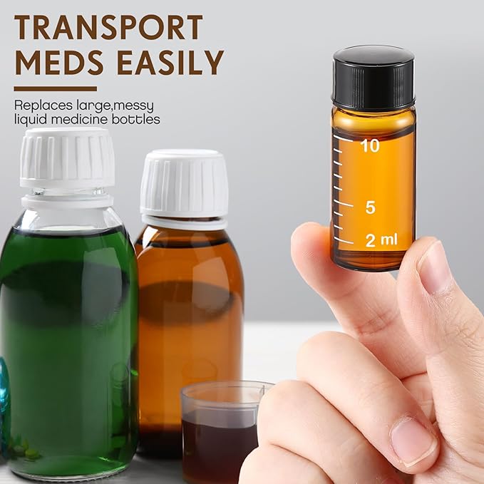 Baderke 4 Pcs Liquid Medicine Travel Container Scale Glass Liquid Containers Small Single Dose Medicine Bottles Dispenser and Leak-proof Plug Travel Essentials Accessories(Brown,10ml)