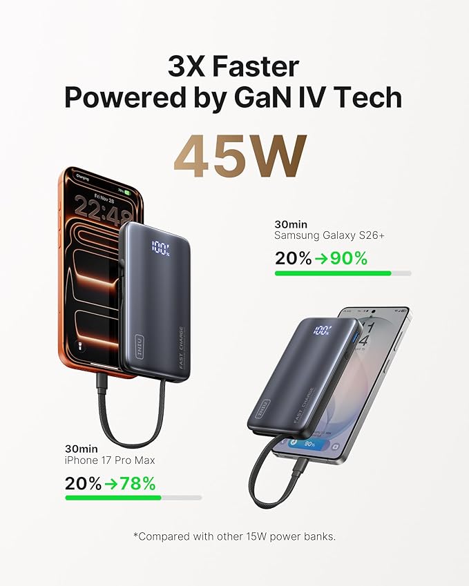 INIU 3-in-1 Portable Charger, 45W 10000mAh Fast Charging Power Bank, Built-in USB C Cable & Foldable Wall Plug, Travel Essentials, Battery Pack for iPhone 17 16 15 Series, Samsung, MacBook, Gray