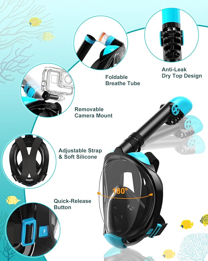 Mask Fins Snorkeling Gear for Adults, Full Face Snorkel Mask & Adjustable Swim Fins Snorkel Set, Panoramic View Snorkel Mask Dry Top Anti-Fog Anti-Leak