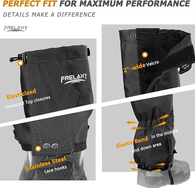 Frelaxy Leg Gaiters Ultra HIGH-Performance Hunting Gaiters, 100% Waterproof Hiking Gaiters with Upgraded Rubber Foot Strap, Adjustable Snow Boot Gaiters