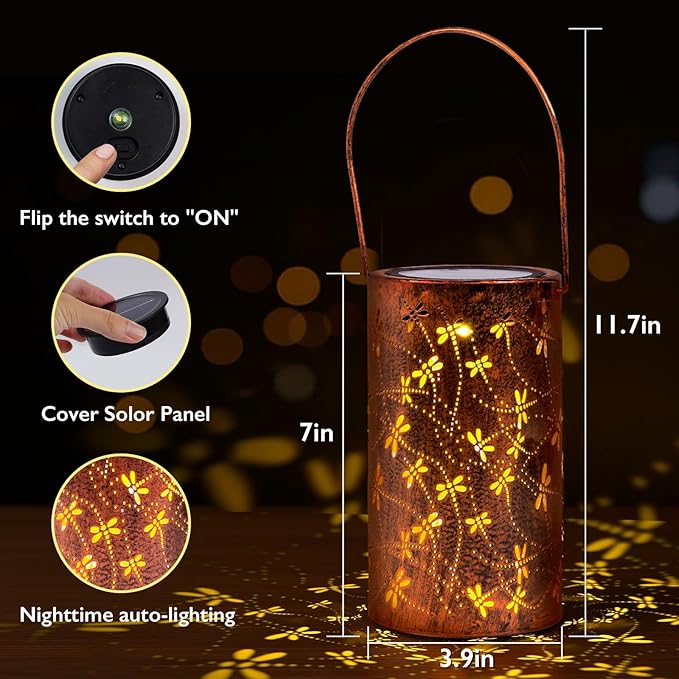 Homemory Dragonflies Solar Lanterns Lights Outdoor Waterproof, Hollowed-Out Metal Decor Lantern, Gifts for Women, LED Solar Lights Metal Decoration Outside for Yard, Patio, Backyard, Porch, Lawn