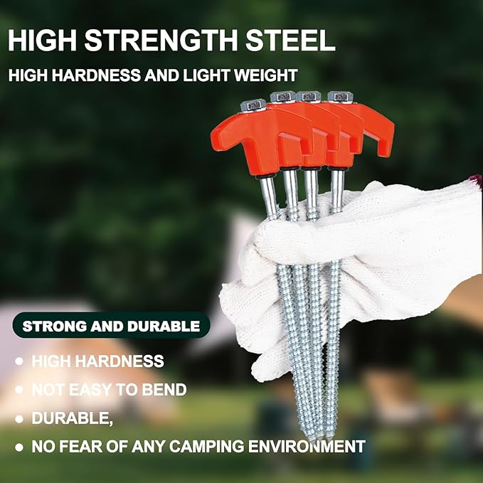 16 Pack Screw in Tent Stakes Heavy Duty,8 Inch Ground Anchors Screw in,Metal Stakes with Hex Head Driver,Camping Tent Accessories.(Orange)