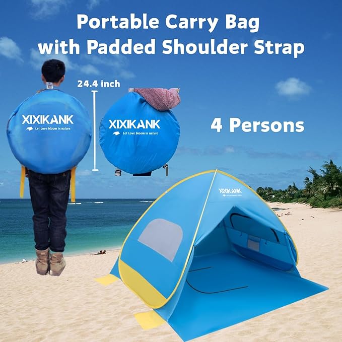 2 Second Easy Setup Pop Up Beach Tent for 4 Person,UPF 50+ UV Protection Beach Shade, Wind Resistant Sun Protection Sun Shelter,Portable Lightweight Tent for Beach Cabana with Handy Carry Bag