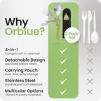 Orblue 4-in-1 Camping Eating Utensils, 2-Pack - Portable Spoon, Fork, Knife & Bottle Opener Combo Set - Stainless Steel Flatware with Detachable Fork - Travel, Backpacking Cutlery Multitool, Green