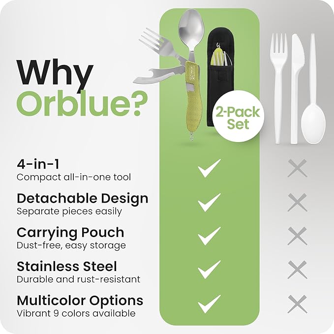 Orblue 4-in-1 Camping Eating Utensils, 2-Pack - Portable Spoon, Fork, Knife & Bottle Opener Combo Set - Stainless Steel Flatware with Detachable Fork - Travel, Backpacking Cutlery Multitool, Green