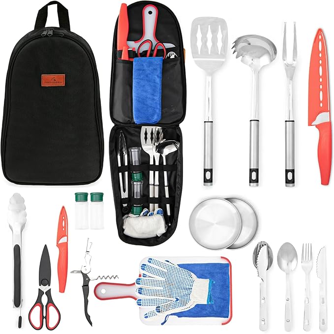 Camping Utensils Set, 21pcs Camp Cooking Kit with BBQ Tools, Knife Set & Spice Kit – Heat-Resistant Cutting Board, Dishwasher-Safe Cutlery for Outdoor, Hiking, Backpacking
