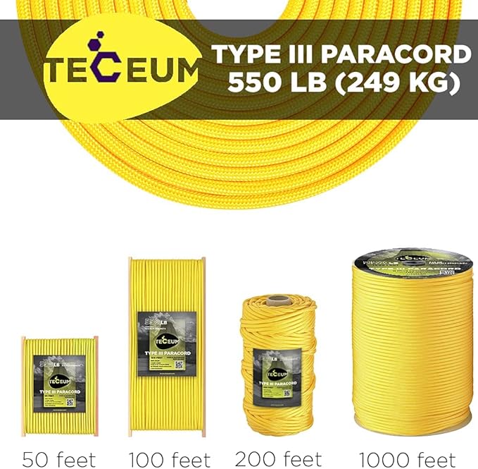 TECEUM 5/32" Paracord Rope 1000 – 1000ft / 200ft / 100ft / 50ft – Tactical Parachute Cord 4mm – 45+ Colors – Nylon String for Survival & Camping Gear – Stripe Cord for Survival – Utility Rope