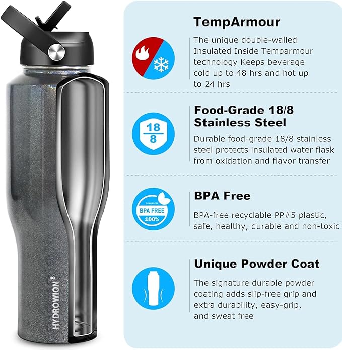 HYDROWION 40 oz Insulated Water Bottle with Straw fit in Car Cup Holder(Cold 48 hrs, Hot 24 hrs) Drinking Bottle with Straw Lid, Spout Lid and Flex Cap Leakproof Travel Thermo Mug，Laser Grey