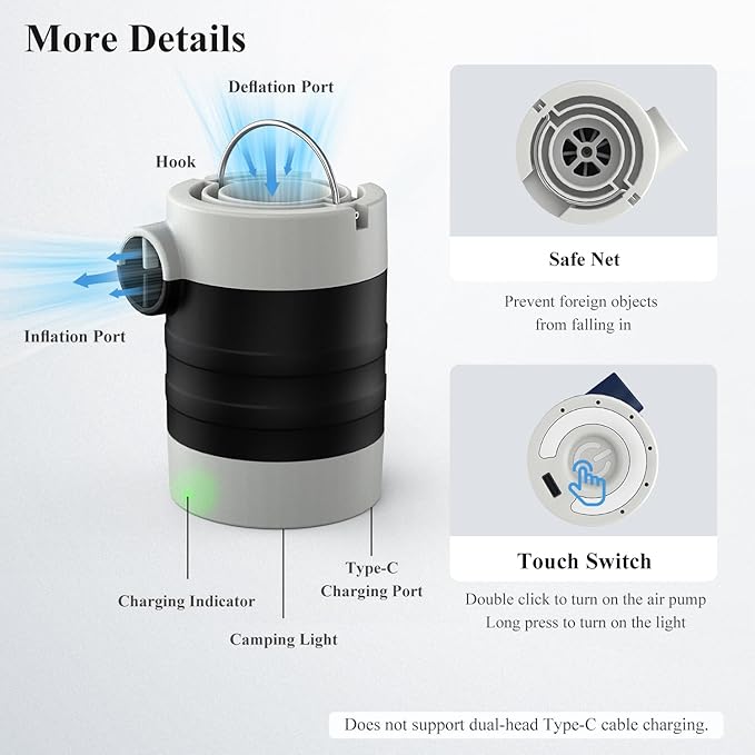 LIBERRWAY Electric Air Pump for Inflatables - Rechargeable Tiny Pump - Cordless Portable Air Pump with Camping Lantern, Quick-Fill Air Mattress Pump for Camping, Pool Floats