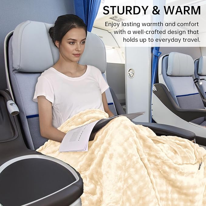 Travel Blanket and Pillow-2-in-1, Ultra-Soft&Compact, One-Piece Airplane Blanket with Hand Luggage Belt and Backpack Clip,Travelers Accessories Gifts, 61x43 Inches(White)