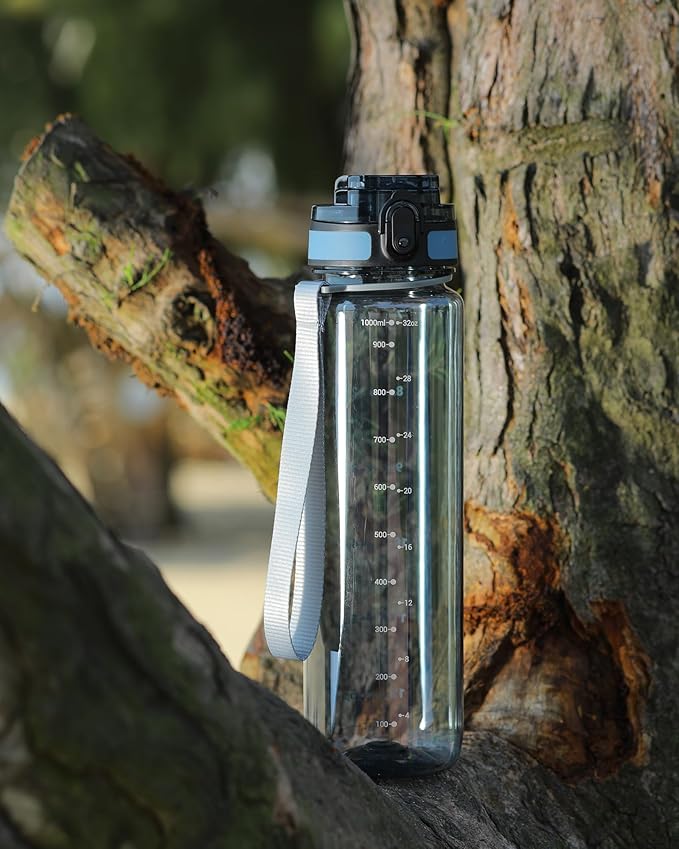 OLDLEY 32 oz Water Bottle, Motivational Water Bottle with Time Marker, Sports Water Bottle With Strap, Leakproof & BPA Free Large Water Bottles for School, Gym, Travel, Tritan, Transparent Ink Blue