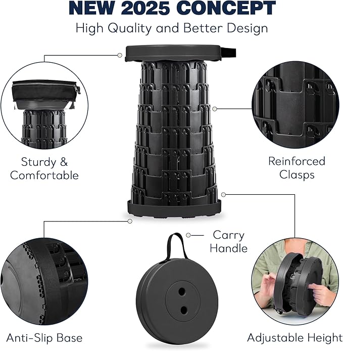 2025 Upgraded Collapsible Stool & 3-in-1 Cushioned Carry Bag, Adjustable Height Folding Stool, Telescopic Camping Chair Retractable Seat or Footrest for Outdoors & Travel, Max 620lbs