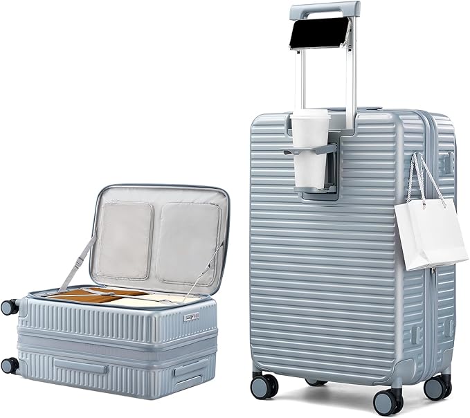 Hard Shell Suitcases 24 Inch Check in Luggage with Spinner Wheels Cup Holder, Lightweight Top Opening Expandable Luggage Hard Case Rolling Medium Checked Suitcase with Lock, Silver