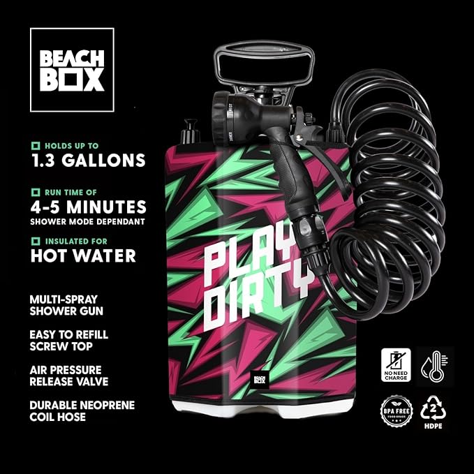 BeachBox Portable Shower Tank – Insulated Hot & Cold Water Tank for Camping, Beach, & Outdoor Adventures – 1.3 Gal Capacity – Multi-Spray Shower Gun – Easy Fill & Carry