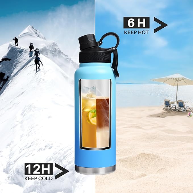 Modern Water Bottle with Straw Lid Dustproof, 3 Lids Vacuum Insulated Stainless Steel Metal Thermos, Reusable Leak Proof BPA-Free Flask for Gym, Travel, Sports-40 Oz Gradient Blue