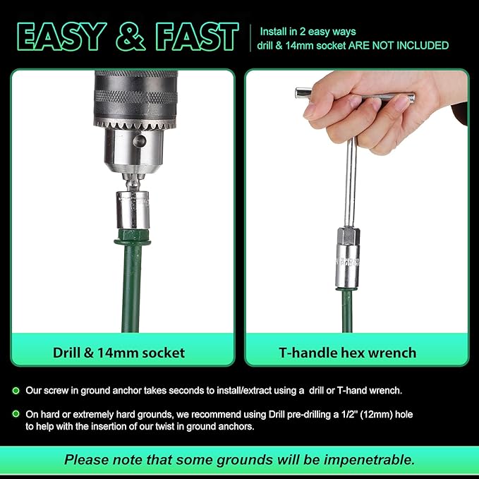 Zhengmy 8 Pcs Ground Anchors Screw in, 12 Inch Heavy Duty Tent Stakes with Trampoline Anchor Hook Ground Stakes for Camping Tent Canopies Ports Sheds Swing Sets Securing Animals (Green)