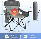 2 Pack Oversized Folding Camping Chair, Heavy Duty Support 500LBS Outdoor Chair with Cup Holder Storage and Cooler Pouch, Collapsible Padded Arm Chair for Sports Garden Beach Fishing, Grey