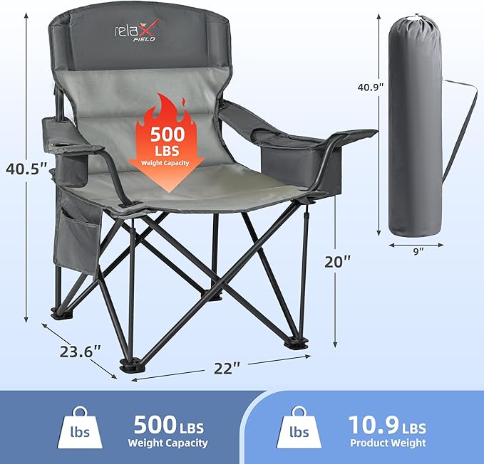 Oversized Folding Camping Chair, Heavy Duty Support 500LBS Outdoor Chair with Cup Holder Storage and Cooler Pouch, Collapsible Padded Arm Chair for Sports Garden Beach Fishing, Grey