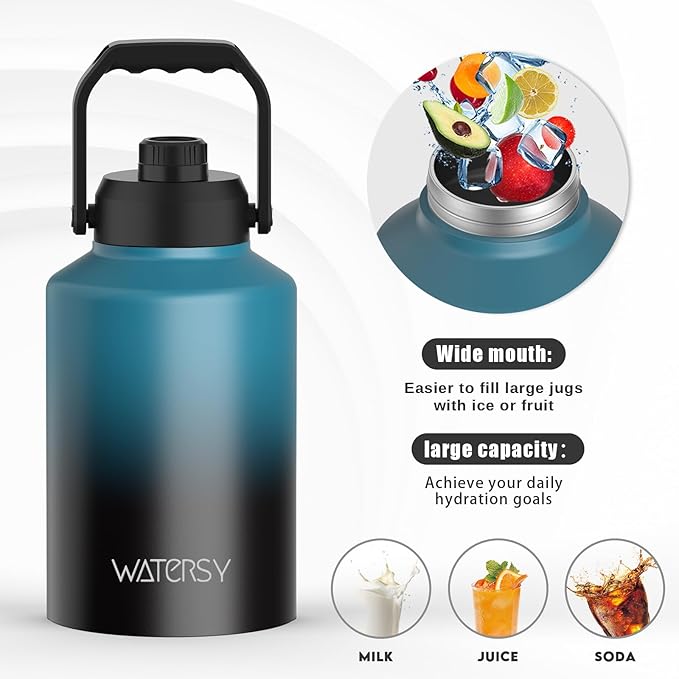 WATERSY 1 Gallon Water Bottle Insulated(Cold for 48 Hrs),BPA Free&Leak Proof,128oz Stainless Steel Water Jug,Big thermo,Large Water Bottle with Handle for Gym,Hiking,Camping&Travel,Lake Blue